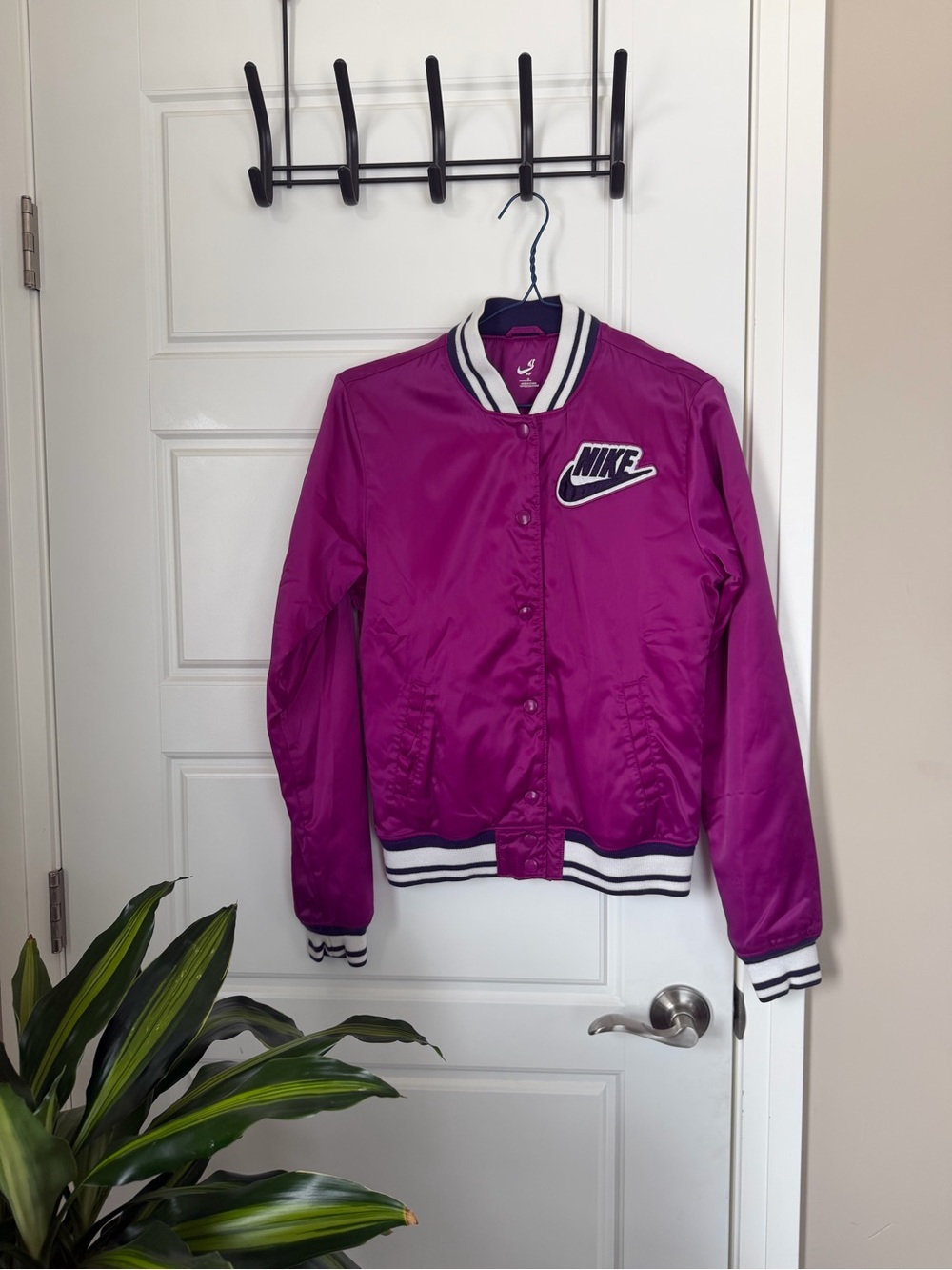 Nike Women's Magenta Satin Varsity Jacket with Striped Trim